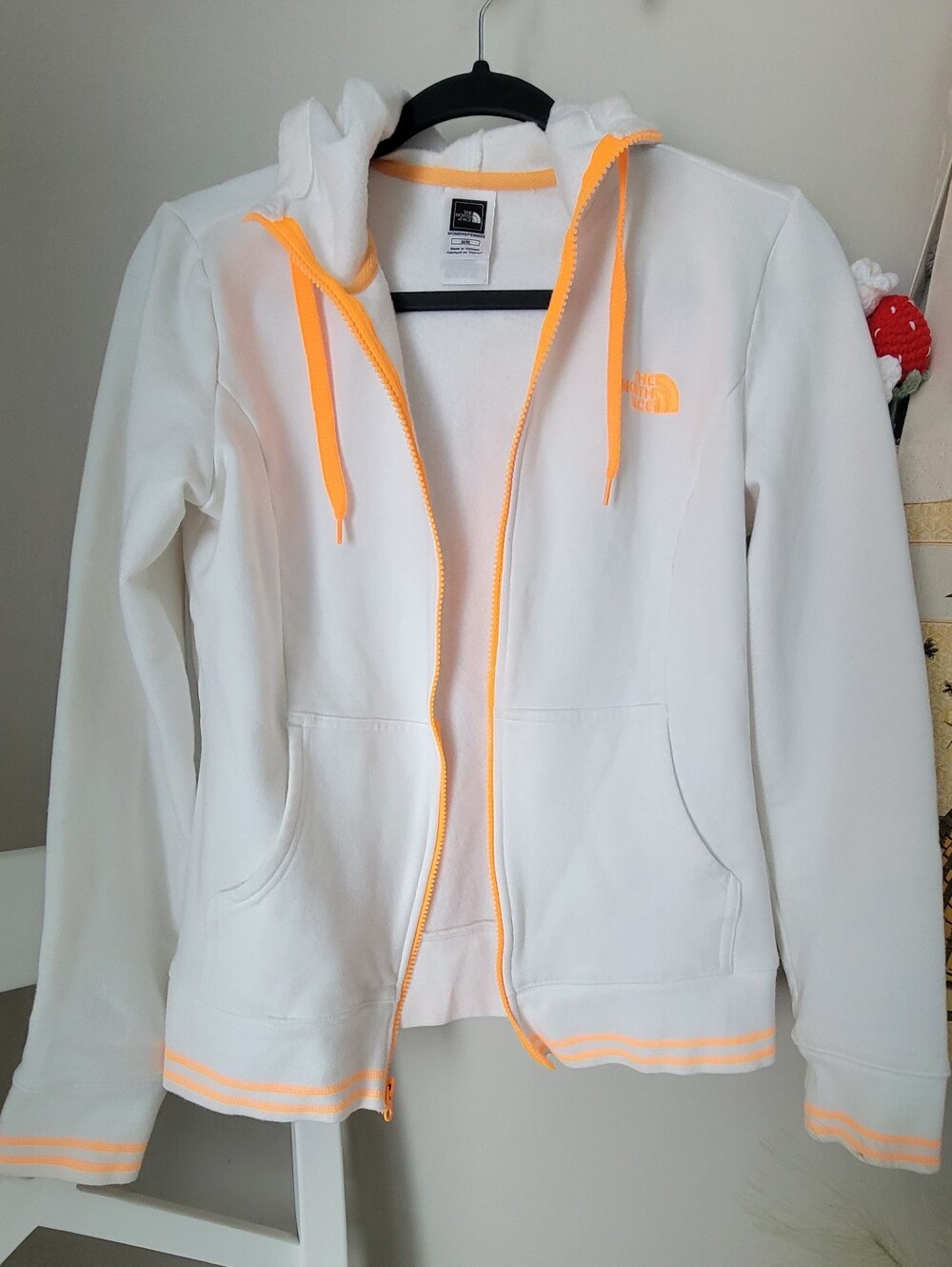 The North Face Women's White Zip-Up Hoodie with Neon Orange Trim Size M